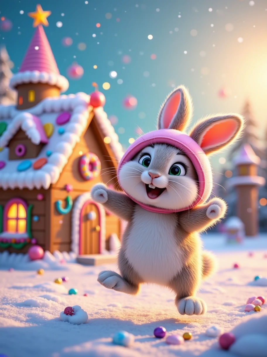 A sweet and festive scene, a cute little rabbit jumping with joy during Christmas. The little rabbit is wearing a pair of pink Christmas earmuffs and his furry body is covered with snowflakes. He is happily standing next to a Christmas house made of candy. The Christmas house is decorated with colorful icing and sparkling lights, surrounded by a field of white snow. The snowflakes are falling, and there is a small castle in the distance. There is a bright star on the tower of the castle. The whole scene is filled with the joy and sweetness of Christmas