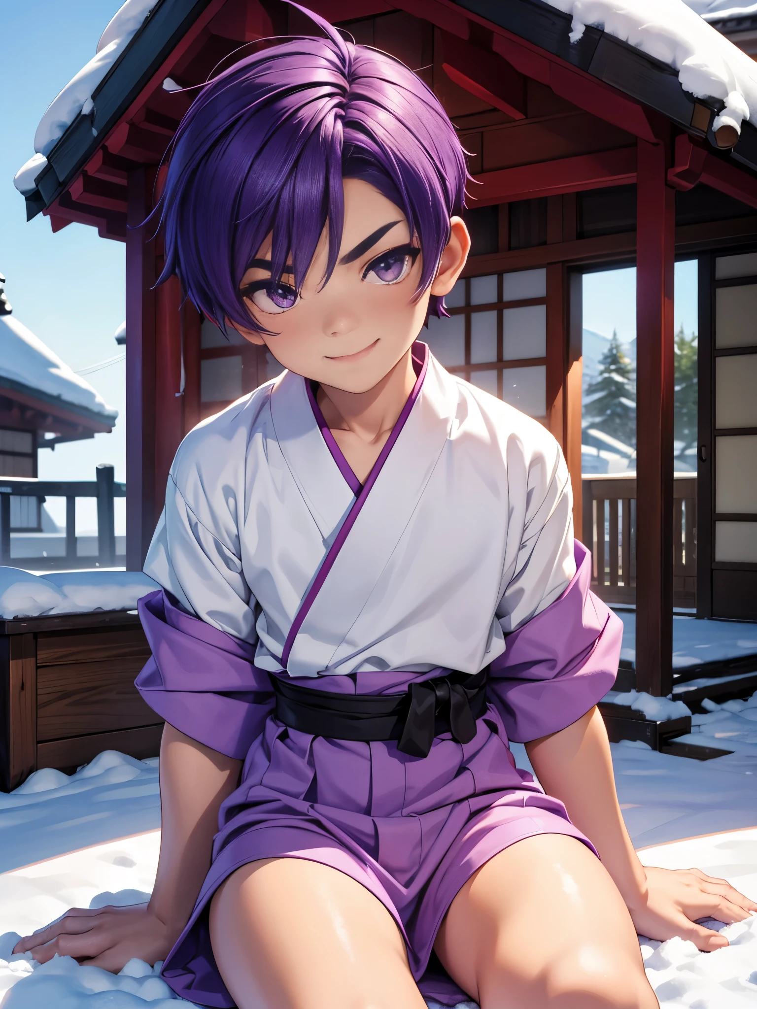 Nendoroid-style 3D SD character. Boy. Purple hair. Straight bobbed hair with little bounce. He has purple eyes with a glazed look. Thin, arched eyebrows. Eyebrows are lowered. Red cheeks. He is smiling with a sleepy look on his face. He is sitting on the porch of a Japanese-style room, watching the snow piling up in the garden.