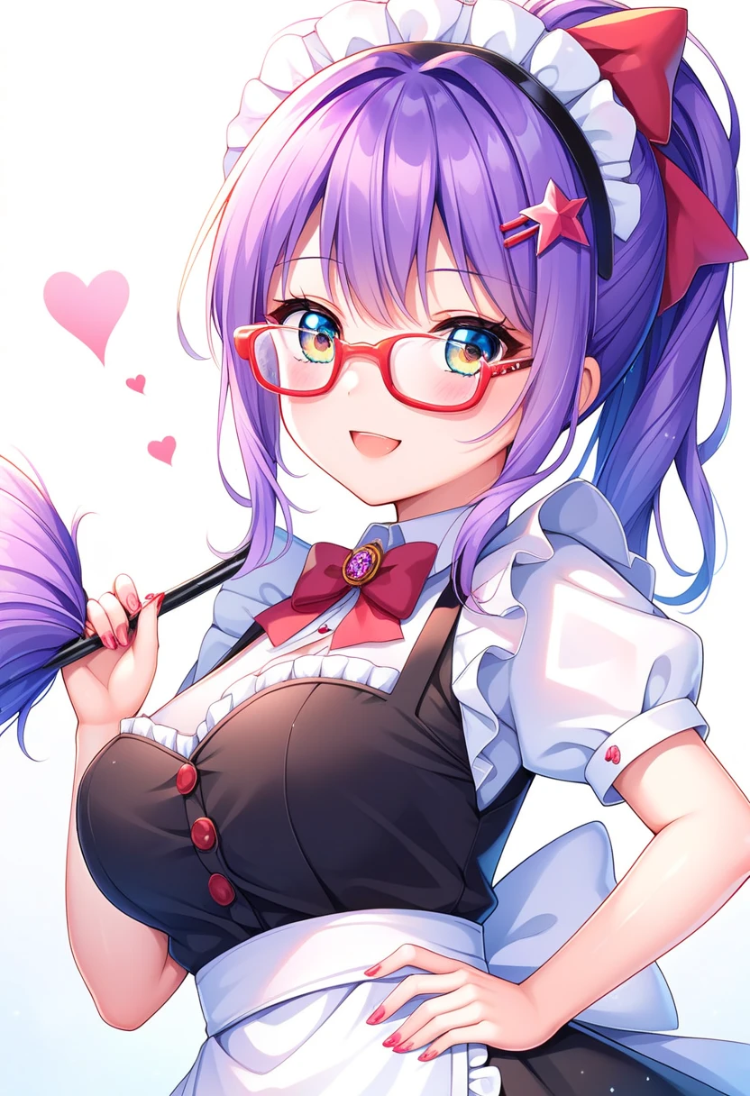 (masterpiece, highly detailed, cinematic lighting, vibrant colors) A confident and playful woman with long purple hair styled in soft curls, transitioning into a subtle pink gradient at the tips. She is wearing a classic black-and-white maid outfit, complete with a white frilled headpiece, paired with bold red-rimmed glasses that exude personality and charm. The composition is a half-body shot, focusing on her confident smile and sharp, knowing eyes. She holds a feather duster prominently in one hand, with its colorful, fluffy feathers clearly visible and pointing upwards. The feather duster's handle is sleek and elegantly designed, making it a clear focal point in the image. Her other hand rests casually on her hip, adding to her "big sister" energy. Her mischievous smile and slightly arched eyebrow enhance her commanding yet approachable aura. The background is blurred, hinting at a cozy kitchen or parlor environment with warm lighting, drawing attention to her and the feather duster as the central elements. dutch angle portrait.