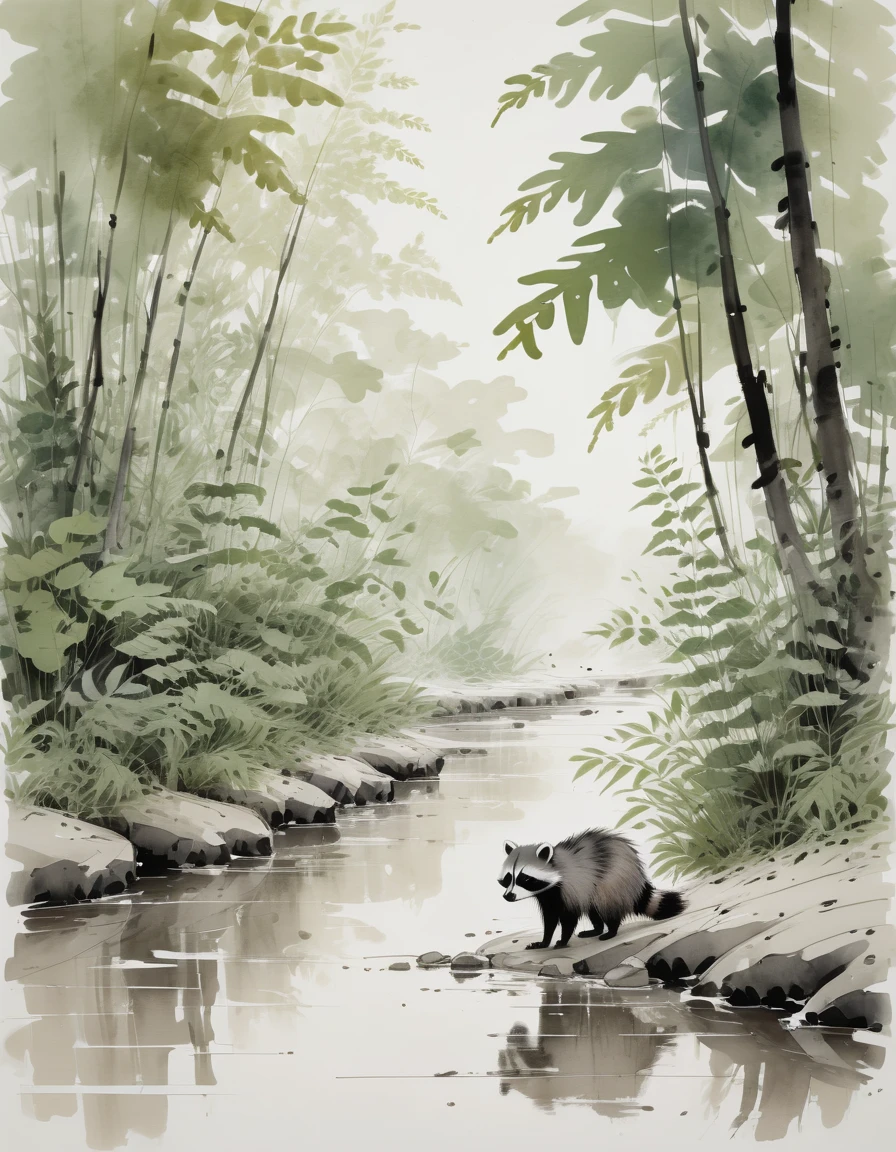 by Wu Guanzhong, ink and wash, a close up of a Racoon walking along a sandbar of a creek with lush ferns and trees surrounding it, (by Zootopia:0.6), (best quality, perfect masterpiece, Representative work, official art, Professional, high details, Ultra intricate detailed:1.3)