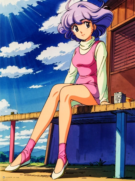 (masterpiece,  top quality ),  High Res Images Of Japanese Female Idols, retro art style for stilets, 1980s \( style for stilets\), Alone,  1 girl,  full body, Sensual posture,   pink dress , Inner Turtleneck Sweater ,   detail eyes,  detailed face , smile, Outdoor, Blue sky and clouds, 