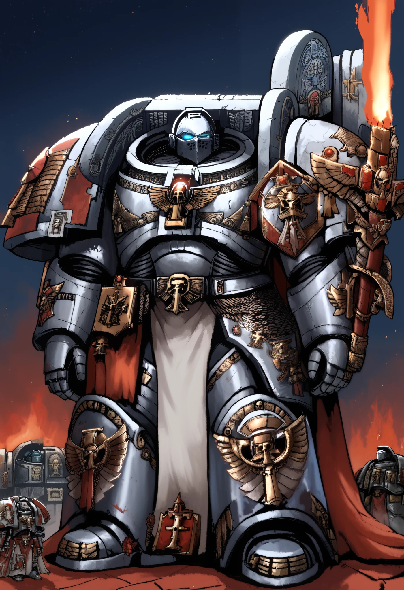 Anime, Concept art, Absurd resolution, high resolution, (masterpiece: 1.4), hyper-detail, warhammer 40k terminator armor, Juggernaut armor, heavy armor, knight, crusader,  full body, glowing weapon, cloak, silver armor, edgy, grimdark, octosoup, 1man, bulky, buff, red plume, loin cloth, primaris helmet, reference sheet, iron halo, grey knight, space marine, GreyK40k, burning city,