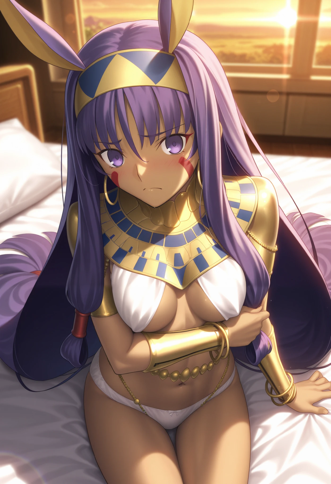 masterpiece, , absurdres, highres, detailed background, high resolution, masterpiece, necessary, detail, best quality, quality, necessary, details, High details, Precise,, indoor, office, ,sunset, ,lens flare, blurry background,, from above,
                                                                                                                                                                                                                                                                                                                                                                                                                                                  
girl, detailed, Nitocris, nitocris (fate), nitocris,, Takeuchi Takashi (type-moon,fate) style, takeuchi takashi style, ,

sitting on bed, arm under breasts, looking at viewer, furrowed brow, frown,

girl, mature, Nitocris, nitocris (fate), nitocris Fate Grand Order, fate, Fate Grand Order, long hair, purple hair, purple eyes, half eyes closed, tan skin, animal ears,                                                                                                                                                                                                                 bracelet, bracer, earrings, hairband, hoop earrings, jewelry, navel, revealing clothes,, white panties , blush,, small breast, 