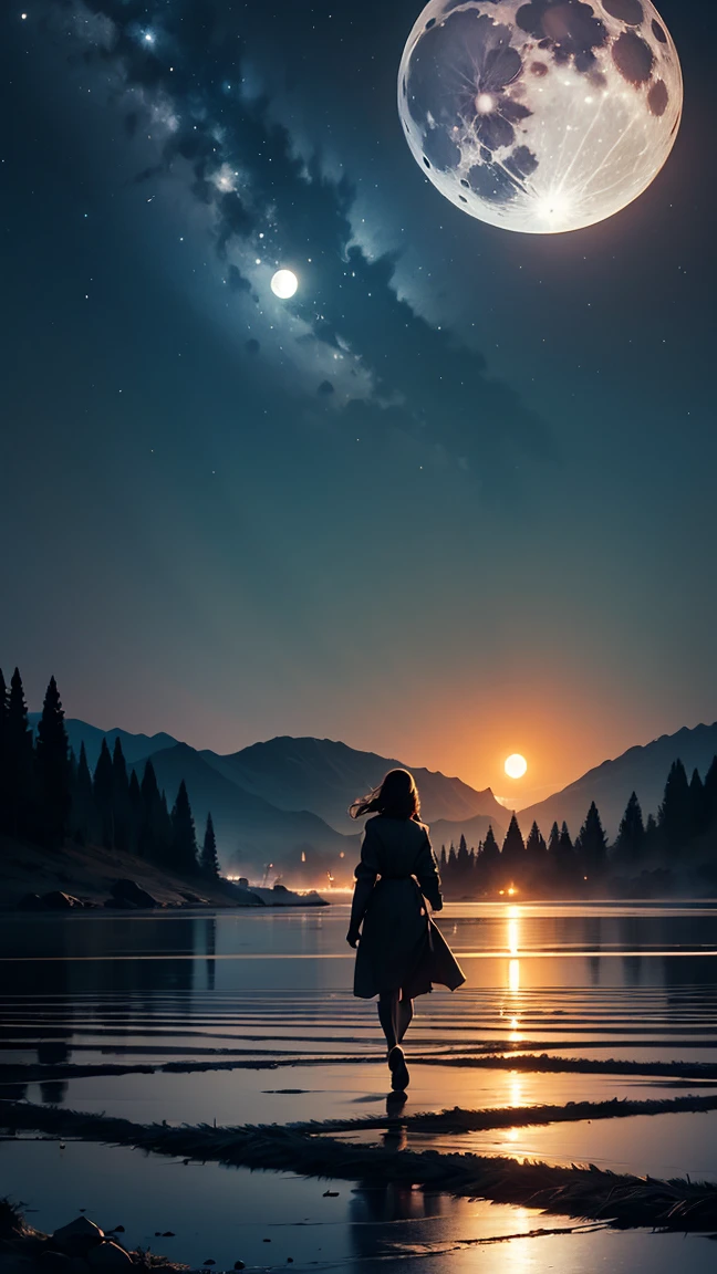 masterpiece,  top quality , ((salt flats)), 4K,【8k,style,masterpiece,  Creating a Black Woman, at night long charge, (( super detailed )), outdoor, night, nature, (Star, full moon), shadow, contrast,  clear sky , (style, (film grain: 1.3), ( Warm Tone,  Warm Tone): 1.2),  movie light , side light,  Ultra High Resolution , (Best shades), Raw, Walk, poetry,