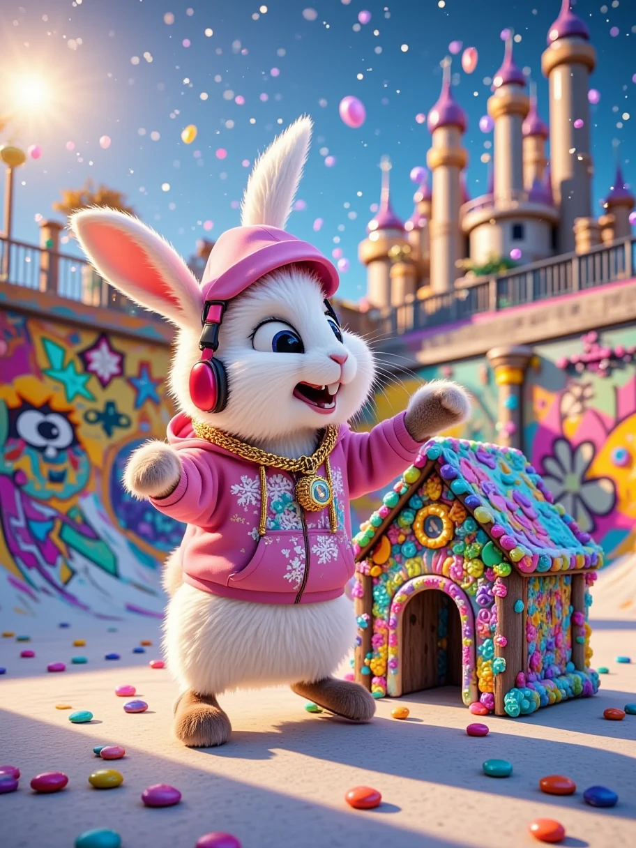 A sweet and festive scene, a cute little rabbit jumping with joy during Christmas. The little rabbit is wearing a pair of pink Christmas earmuffs and his furry body is covered with snowflakes. He is happily standing next to a Christmas house made of candy. The Christmas house is decorated with colorful icing and sparkling lights, surrounded by a field of white snow. The snowflakes are falling, and there is a small castle in the distance. There is a bright star on the tower of the castle. The whole scene is filled with the joy and sweetness of Christmas