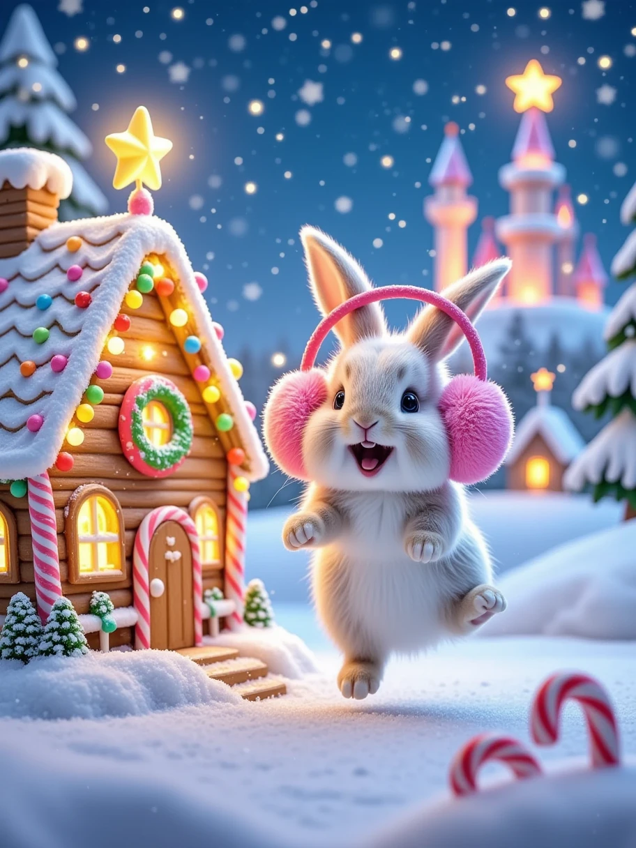 A sweet and festive scene, a cute little rabbit jumping with joy during Christmas. The little rabbit is wearing a pair of pink Christmas earmuffs and his furry body is covered with snowflakes. He is happily standing next to a Christmas house made of candy. The Christmas house is decorated with colorful icing and sparkling lights, surrounded by a field of white snow. The snowflakes are falling, and there is a small castle in the distance. There is a bright star on the tower of the castle. The whole scene is filled with the joy and sweetness of Christmas