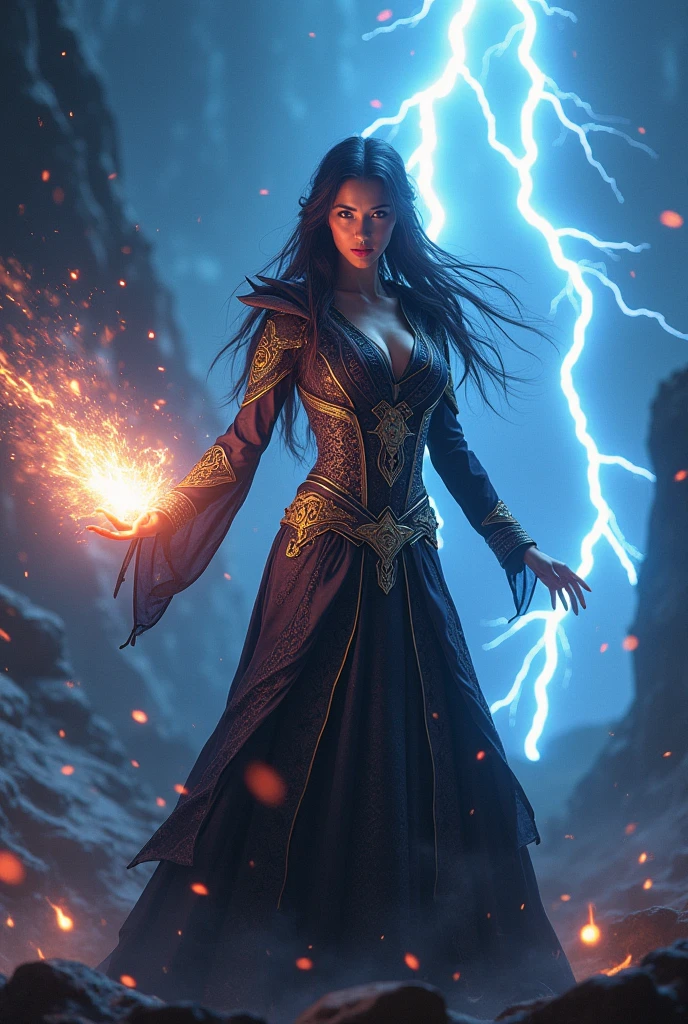 a woman witch elemental casting lightning bolt, detailed facial features, detailed eyes and lips, beautiful intricate costume, dynamic pose, fantasy landscape, dramatic lighting, glowing magical energy, vibrant colors, 4K, ultra-detailed, photorealistic, cinematic, dramatic composition