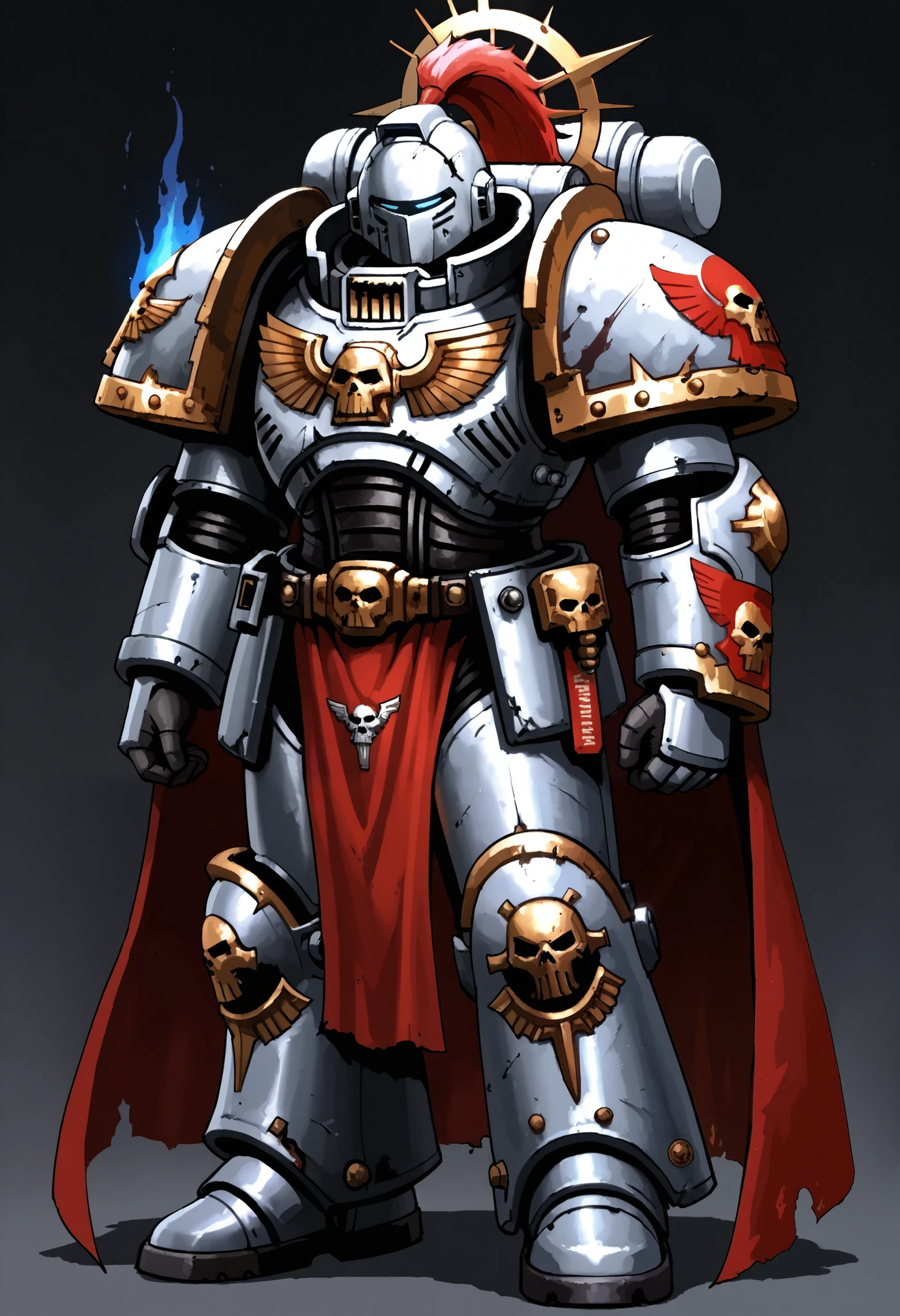 Anime, Concept art, Absurd resolution, high resolution, (masterpiece: 1.4), hyper-detail, warhammer 40k terminator armor, Juggernaut armor, heavy armor, knight,  full body, glowing weapon, cloak, silver armor, edgy, grimdark, octosoup, 1man, bulky, buff, red plume, loin cloth, primaris helmet, reference sheet, iron halo, grey knight, space marine, GreyK40k, burning city,