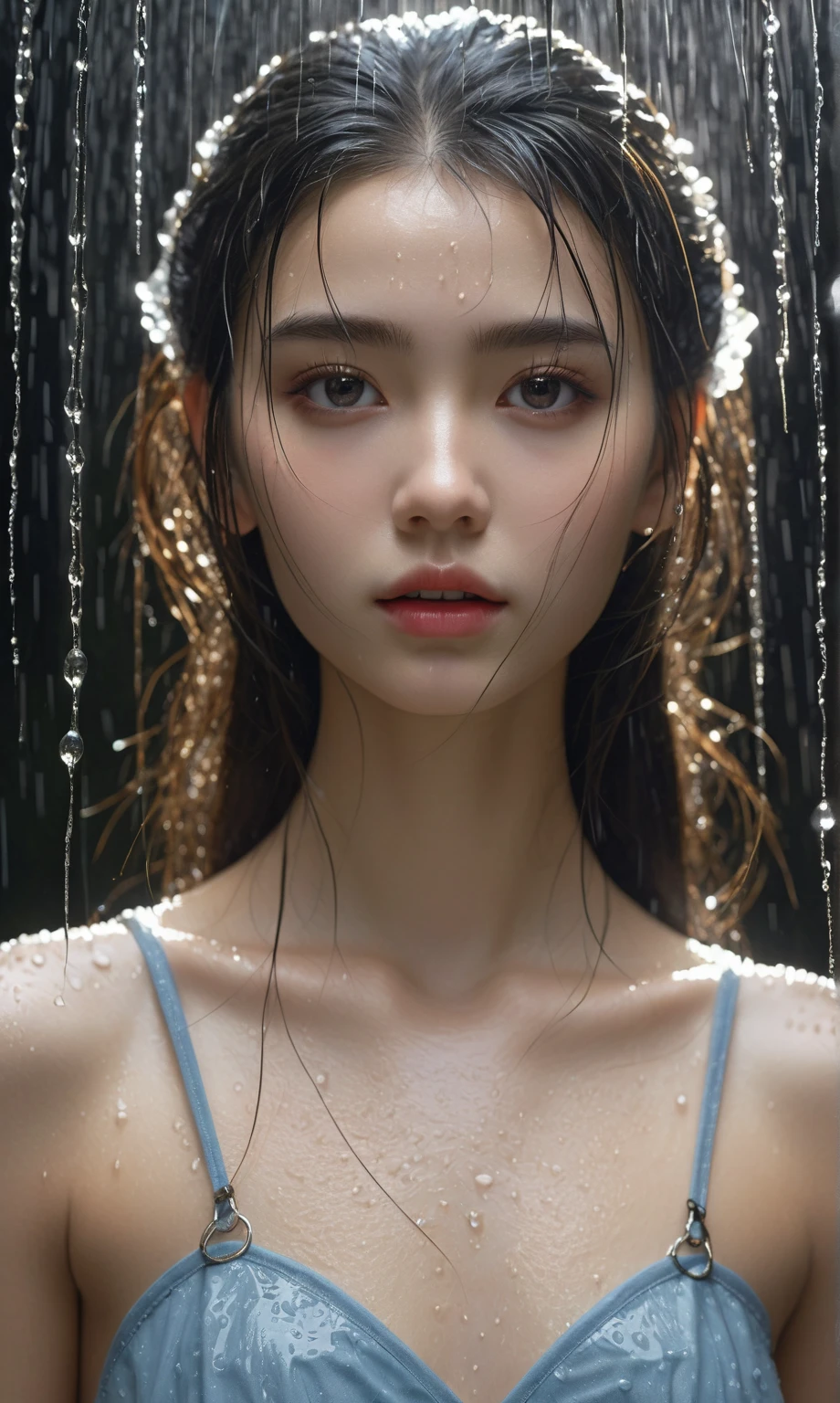 Best picture quality, masterpiece, ultra high resolution, (fidelity :1.4), photo, 1 girl,[(sadness)],white shirt, Dim, dark, desperate, pitying, pitiful, cinematic,tear,teardrop,(Torn clothes:1.5), (Wet clothes:1.4), bare shoulders,Real rain,wet hair,..