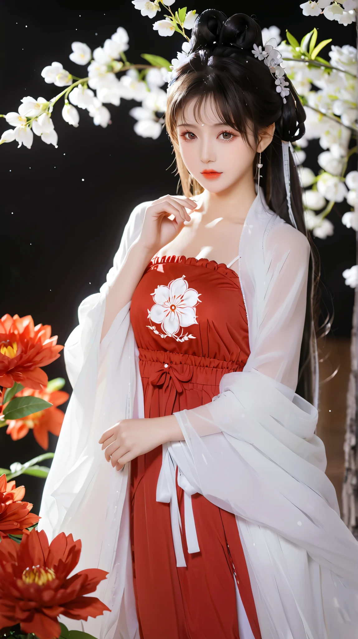  wear red dress、头发上有花朵的Anime Girl, very 美丽的Anime Girl, 美丽的Anime Girl,  beautiful fantasy anime , Gu Weiss, Anime Girl, 美丽的Anime Girl,  very pretty cute girl , Red flowers,  background blur, Anime style 4K, Anime fantasy work , 4k anime wallpaper,  Guvez style artwork 