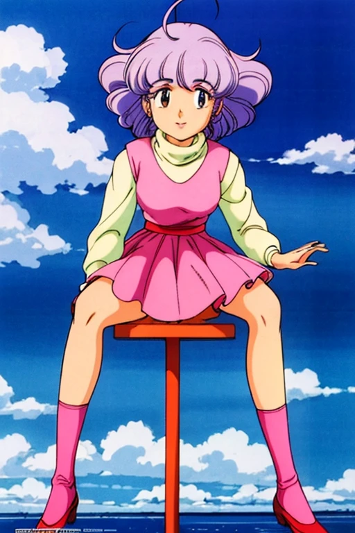 (masterpiece,  top quality ),  High Res Images Of Japanese Female Idols, retro art style for stilets, 1980s \( style for stilets\), Alone,  1 girl,  full body, Sensual posture,   pink dress , Inner Turtleneck Sweater ,   detail eyes,  detailed face , smile, Outdoor, Blue sky and clouds, 