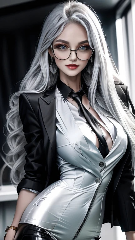  long silvery hair ,  hair is sharp like a needle , with hair partially standing on end, eyes are large and slender ,Eyes are golden,The pupils are long and thin ,  white skin like snow  ,Round Glasses, slit eyes ,Crimson Lips, scrape up the hair, shy laugh , shirt , black suit jacket, black pant suit ,expensive watch , very big and splendid huge breasts,