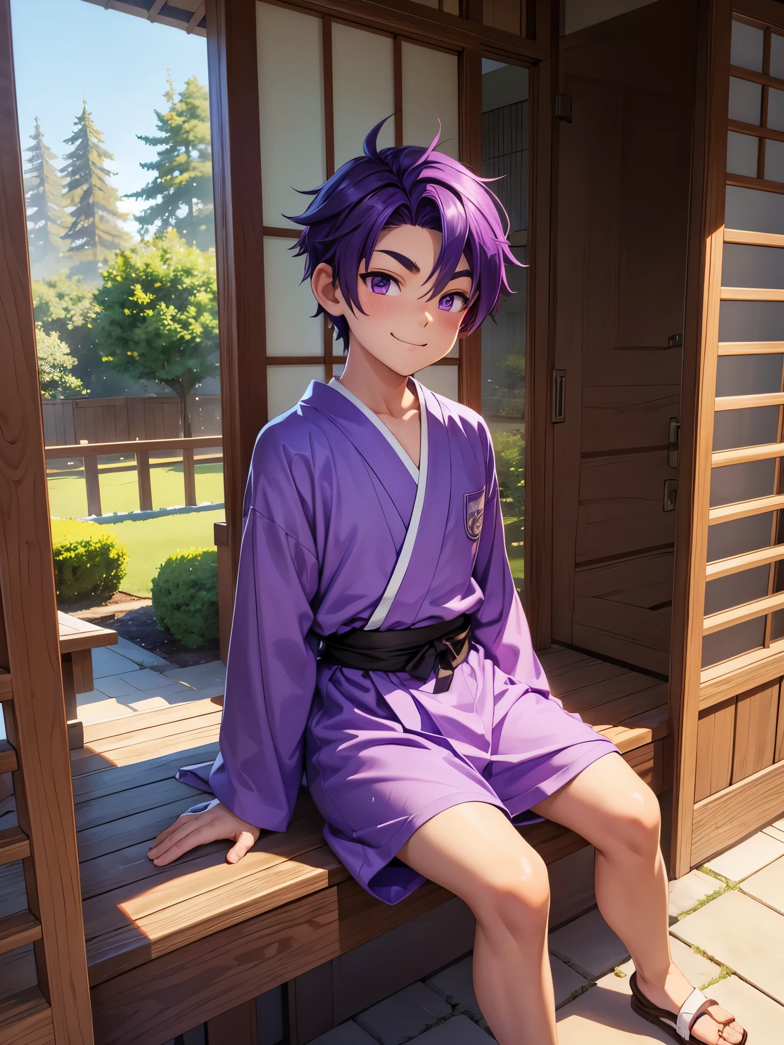 Nendoroid-style 3D SD character. Boy. Purple hair. Straight bobbed hair with little bounce. He has purple eyes with a glazed look. Thin, arched eyebrows. Eyebrows are lowered. Red cheeks. He is smiling with a sleepy look on his face. He is sitting on the porch of a Japanese-style room, watching the snow piling up in the garden.