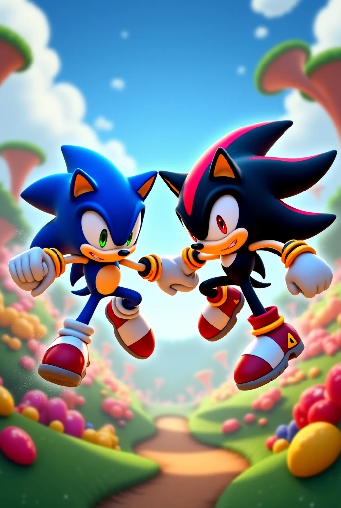 Pixel art of Sonic and Shadow from the game Sonic, They put their pistols to each other, They're enemies, Cool graphics, Black Shadow, Red, Blue colors, Detail art,