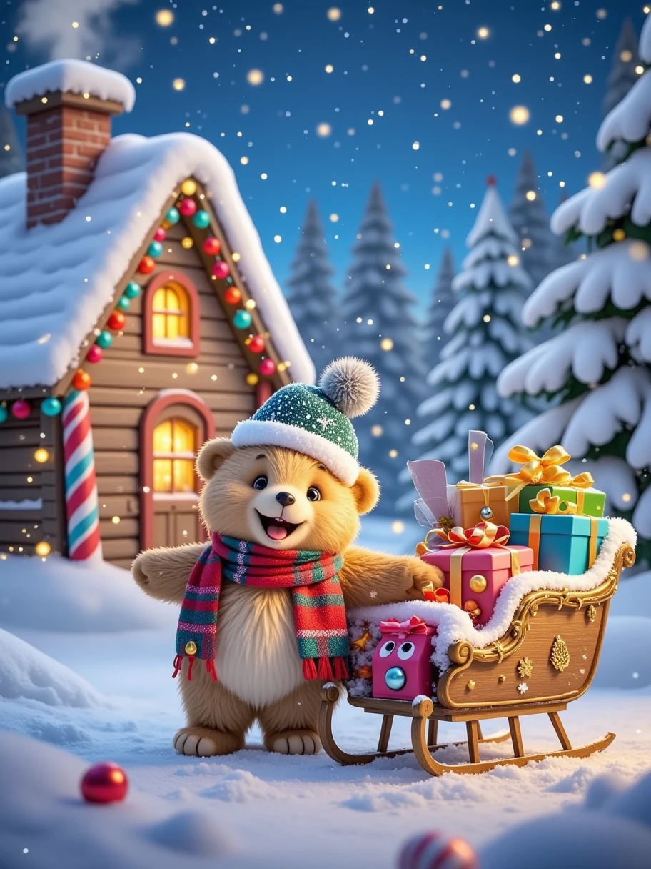  in the distance to create a warm and happy scene ， showing what a cute little bear looks like at Christmas 。 The little bear is wearing a small Christmas hat ， The furry body has some snowflakes ， It's standing cheerfully beside a sleigh full of gifts 。 The sleigh is colourfully decorated colored ribbons and shiny bells， Surrounded by a snowy forest 。 Snowflakes fall softly ， There is an old wooden house ，Cooking smoke billowing out of the chimney ，The stars twinkle in the sky， It's all wrapped up in the peaceful atmosphere of Christmas night 。