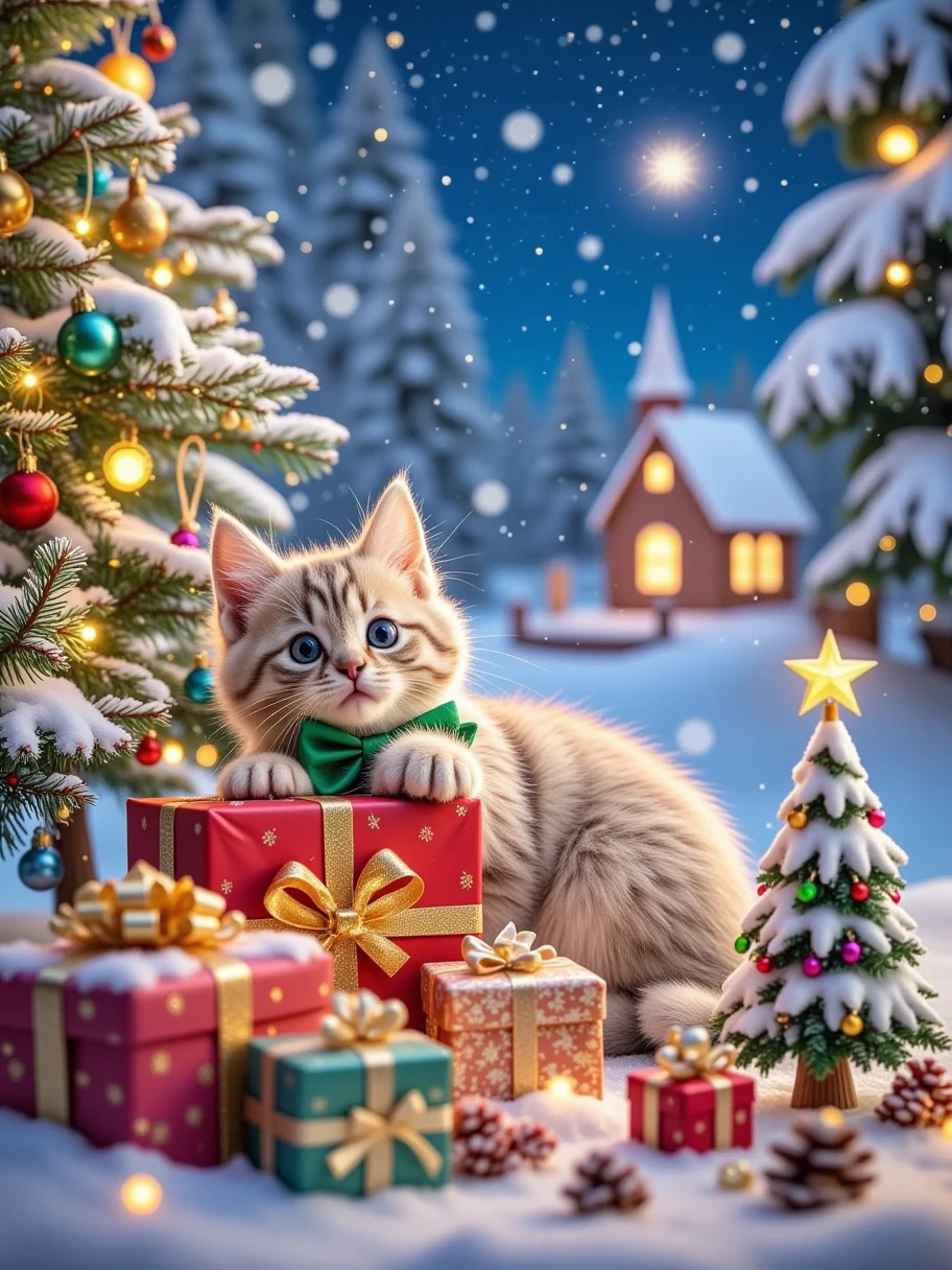 A warm and charming picture ， A cute little kitty appears on Christmas ， The kitty wears a green Christmas bow ， Soft fur with lightweight snowflakes ， It lies gracefully on a table full of colorful gift boxes ，} The gift box is decorated with a golden ribbon and twinkling stars， There is a small Christmas tree next to ， Hanging all kinds of cute little ornaments on the tree ，There are white snowflakes in the sky， There is a cozy little garden in the distance ， The flowers in the garden are looming under the cover of snow ，The stars twinkle in the sky， The tree creates the serenity and beauty of Christmas night 