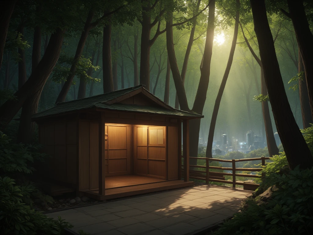  The small Japanese-style storeroom shed is on the left side from the center 、 the forest with dense trees is above the middle 、 The arrangement of the storeroom shed is plain 、 the yellow light shines into the storeroom shed 、 The light illuminates the storeroom shed on the right side from between the trees、 the storeroom shed door is empty 、The inside of the door is the city 、Botanical Art、picture