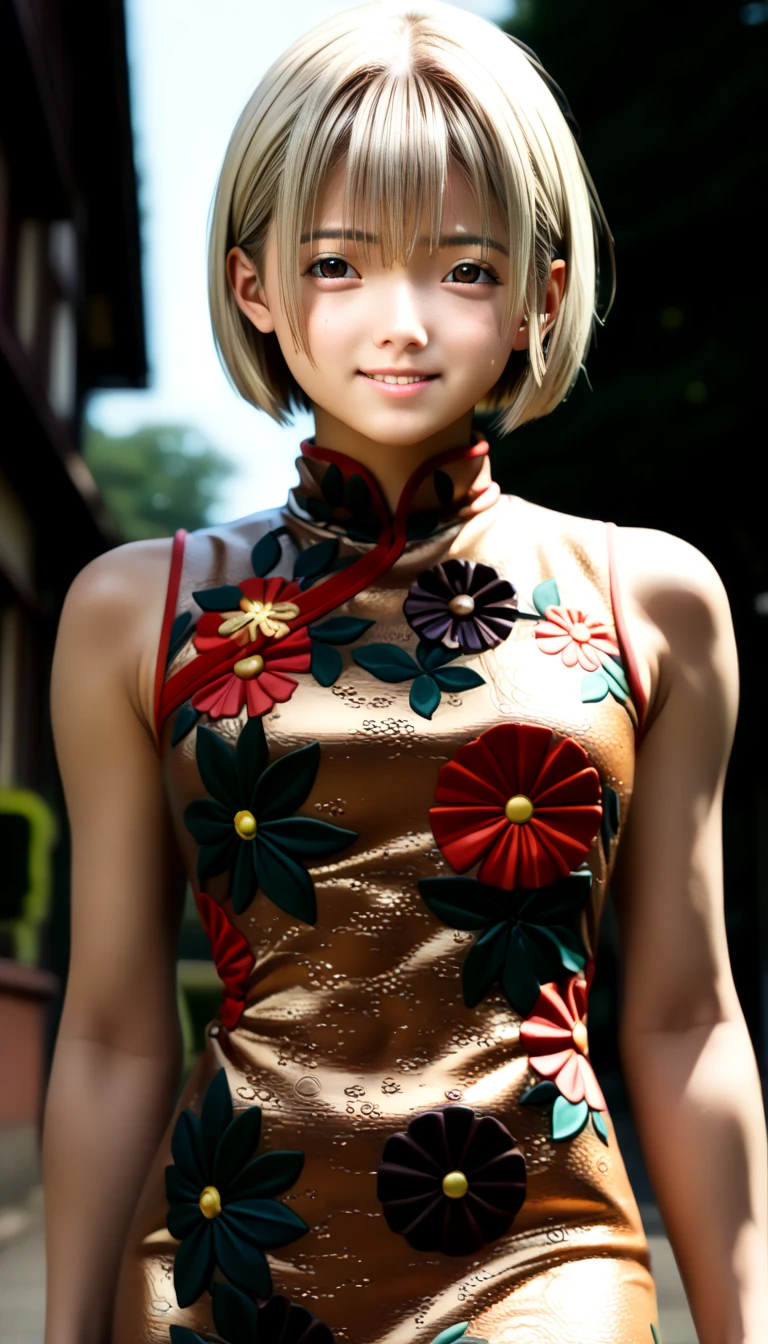 ((((((Fujifilm, UHD, masterpiece, textured skin, high details, best quality, highres, 8k, 16k))))))    score_9, score_8_up, score_7_up,      ((((Nishino Tsukasa))))  (((((blond hair bob cut ))))) light smile  chinese dress small  expose 