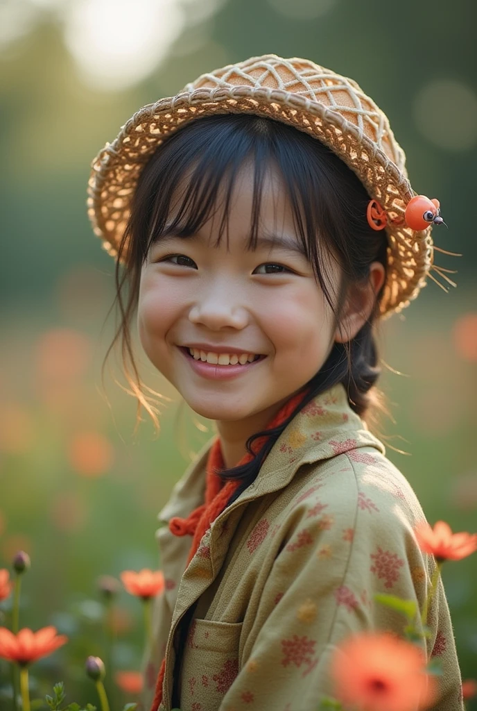Cute Miao girl,Bright Eyes,teeth,Miao headdress-silver-tassel,Cloth Clothes-Colored Embroidery,Holding a small flower,Miao Region, China
