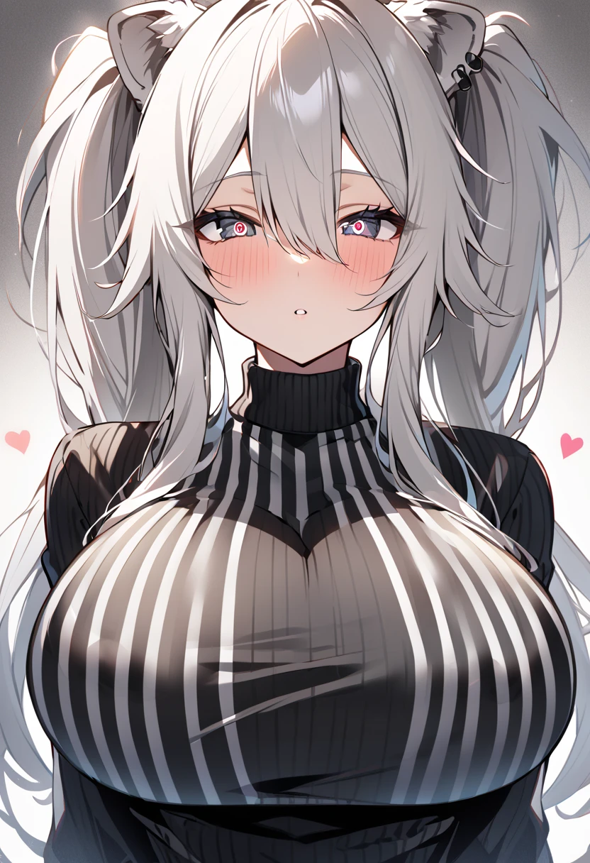   Shishirabotan、  Black knitted outfit 、 vertical striped sweater 、  black sweater、huge breasts:1.5、sagging breast:1.5、  1 girl、  Portrait、 Speaking Heart 、  focus on faces 、  straight hair  、  twin tails、  slightly disheveled hair、White Lion、Vertical white lines on clothes,heart in eyes, ハートアイ