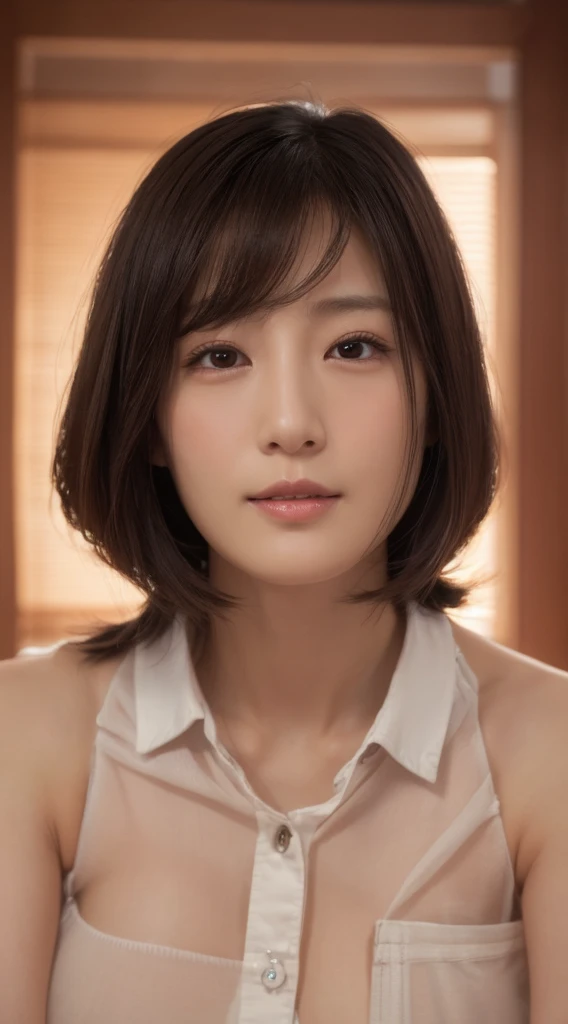  skinny Japanese woman , 30 years old, ( realistic), ( hyperrealism ), (photo realistic), ( 8K resolution ),  depth of field , (whole body:1.2),   very detailed face  ,  detail eyes,  cute face, Mr.々Expression, Mr.々 hairstyle, ( small breasts:0.6), ( very slim waist:0.7),  tight camisole , Bright Colored Clothes、Completely naked、 open legs