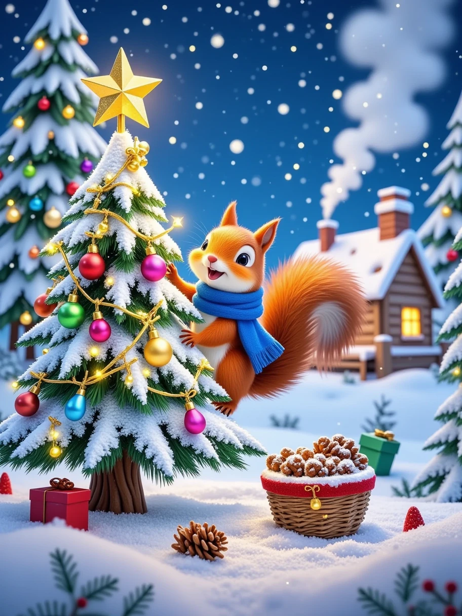 A dynamic and fun picture ， A little squirrel is having fun at Christmas 。 The little squirrel is wearing a blue Christmas scarf ， White snowflakes falling on its fluffy tail ， on the Christmas tree {x} it climbs quickly Christmas tree decorated with colorful nuts。 with golden bells and flashing lanterns ， There is a small basket full of pine cones next to it 。 snowflakes floating in the sky ， There is a cozy little cabin in the distance ， cooking smoke floating through the chimney of the wooden house ，The sky is star-studded， showing the serenity and peace of Christmas night 