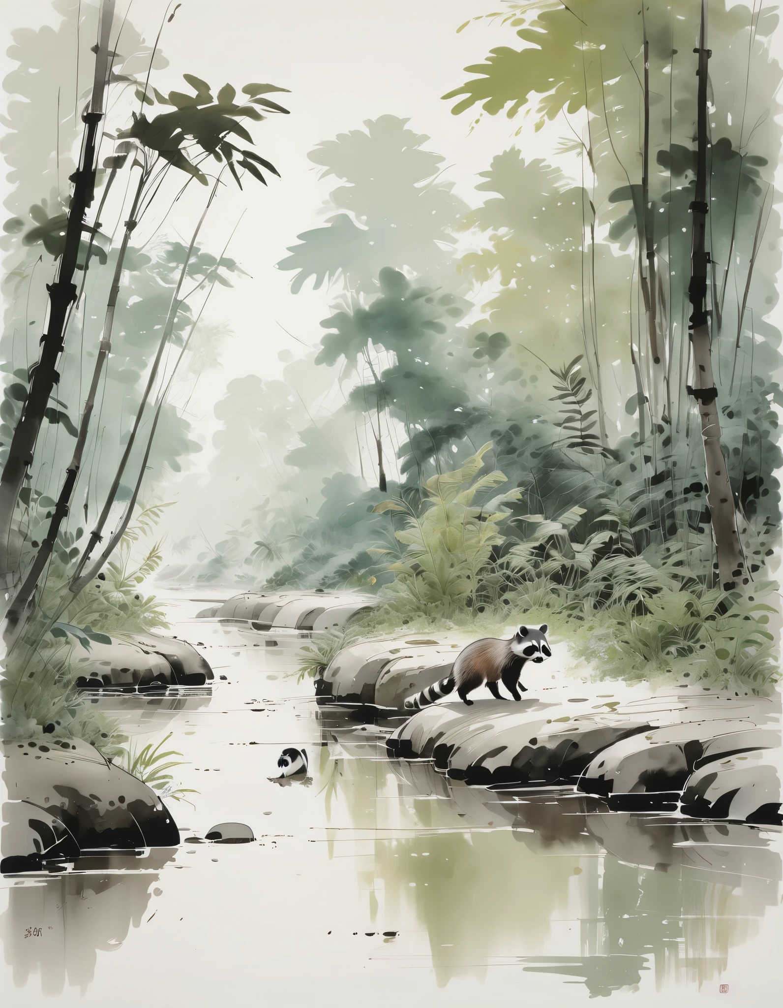 by Wu Guanzhong, ink and wash, a close up of a Racoon walking along a sandbar of a creek with lush ferns and trees surrounding it, (by Zootopia:0.6), (best quality, perfect masterpiece, Representative work, official art, Professional, high details, Ultra intricate detailed:1.3)