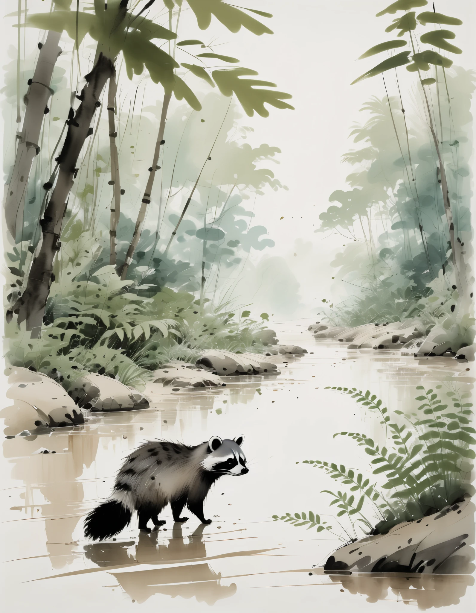 by Wu Guanzhong, ink and wash, a close up of a Racoon walking along a sandbar of a creek with lush ferns and trees surrounding it, (by Zootopia:0.6), (best quality, perfect masterpiece, Representative work, official art, Professional, high details, Ultra intricate detailed:1.3)