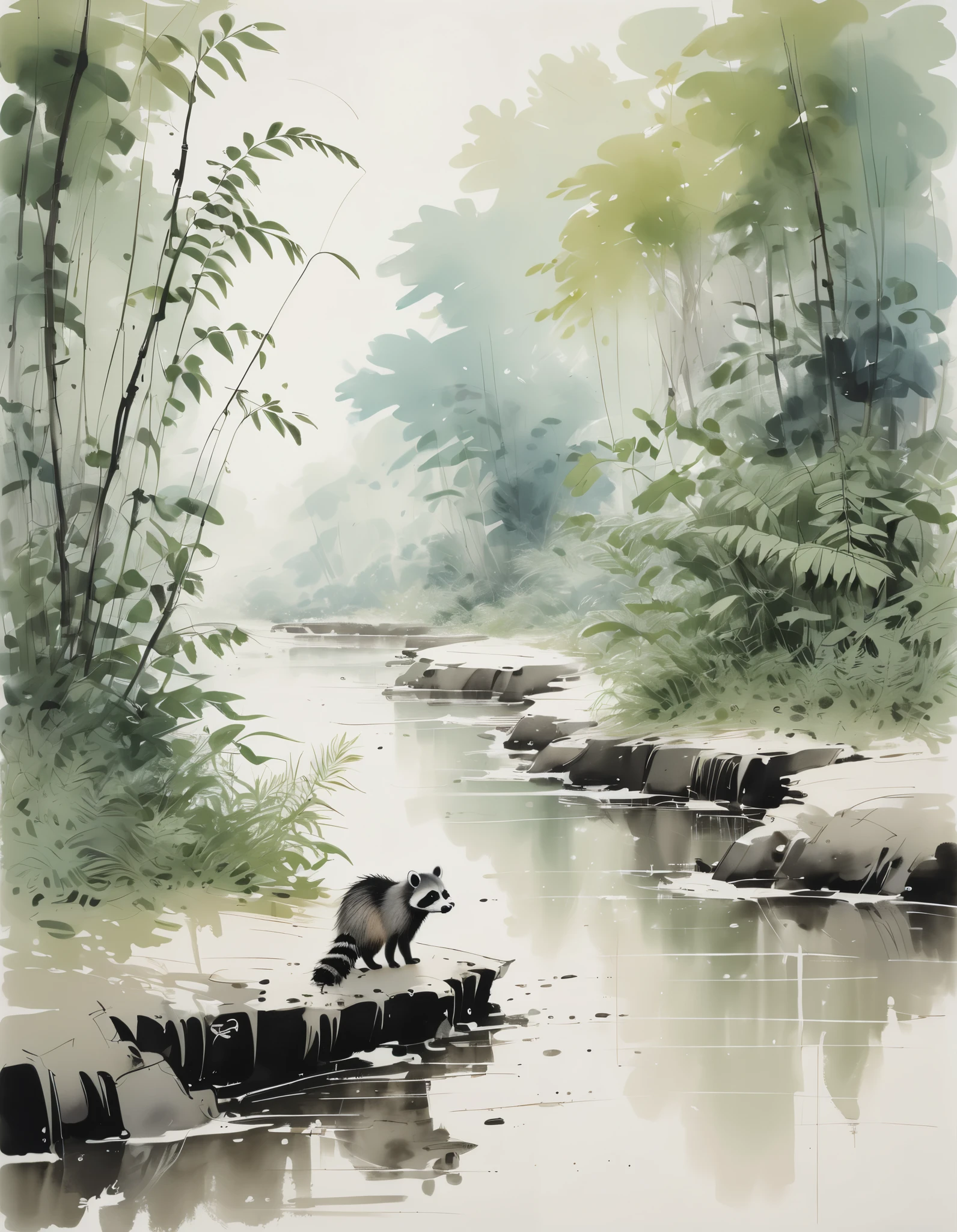 by Wu Guanzhong, ink and wash, a close up of a Racoon walking along a sandbar of a creek with lush ferns and trees surrounding it, (by Zootopia:0.6), (best quality, perfect masterpiece, Representative work, official art, Professional, high details, Ultra intricate detailed:1.3)