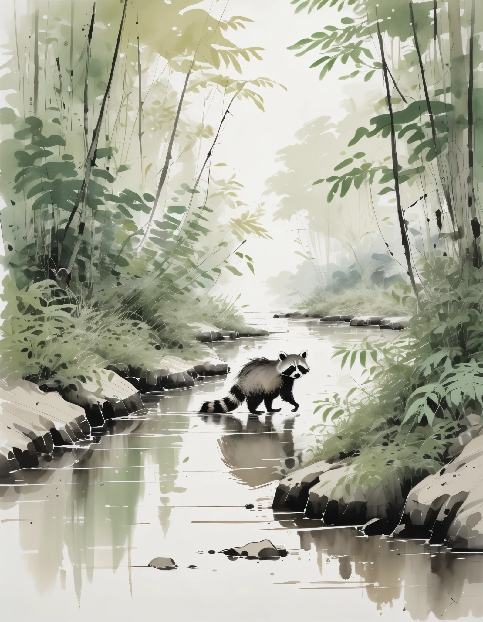 by Wu Guanzhong, ink and wash, a close up of a Racoon walking along a sandbar of a creek with lush ferns and trees surrounding it, (by Zootopia:0.6), (best quality, perfect masterpiece, Representative work, official art, Professional, high details, Ultra intricate detailed:1.3)