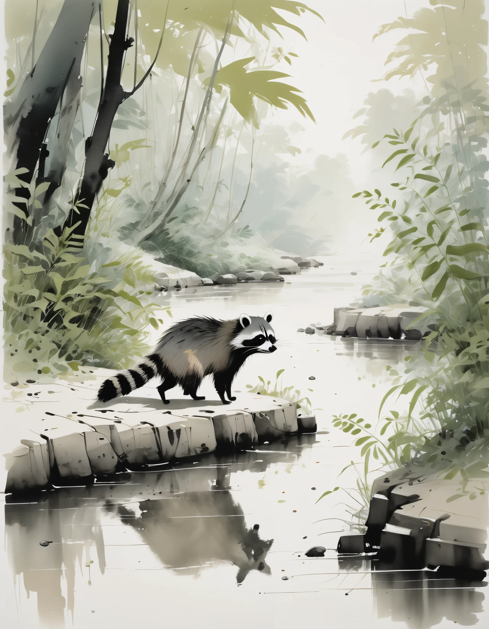 by Wu Guanzhong, ink and wash, a close up of a Racoon walking along a sandbar of a creek with lush ferns and trees surrounding it, (by Zootopia:0.6), (best quality, perfect masterpiece, Representative work, official art, Professional, high details, Ultra intricate detailed:1.3)