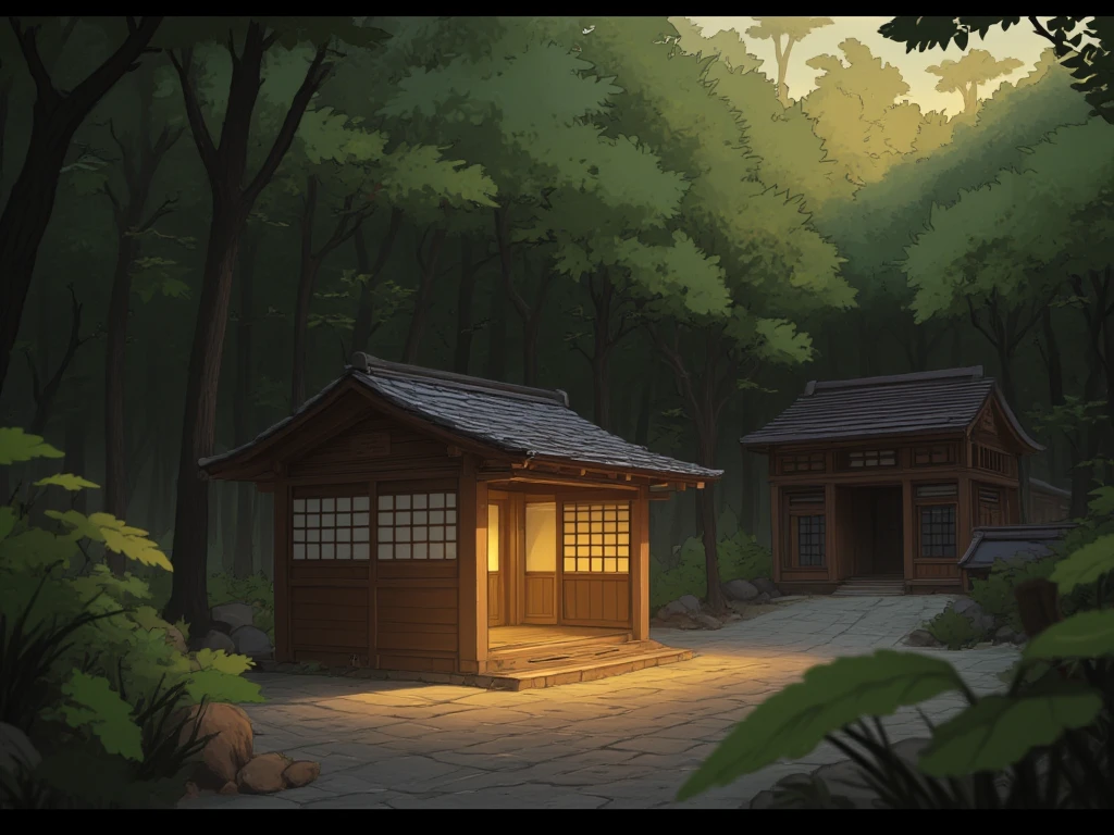  The small Japanese-style storeroom shed is on the left side from the center 、 the forest with dense trees is above the middle 、 The arrangement of the storeroom shed is plain 、 the yellow light shines into the storeroom shed 、 The light illuminates the storeroom shed on the right side from between the trees、 the storeroom shed door is empty 、Inside the door is a group of buildings