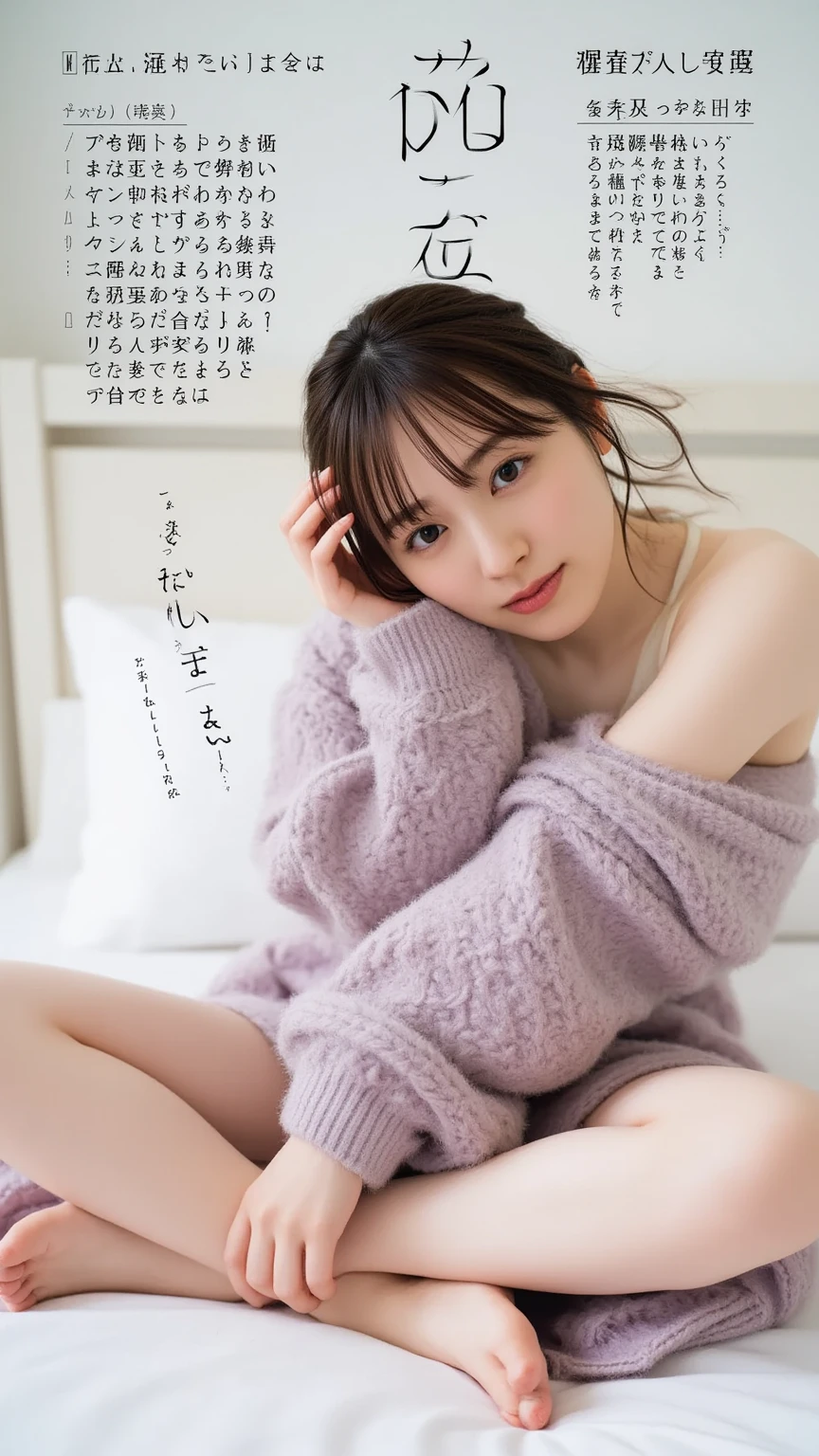 The right body as a human 、 the right body as a woman、 FRONT FULL BODY SHOT 、Please wear off-the-shoulder mini one-piece pajamas,  Bend your knees and take a cross-legged pose,  and sit down staring at me, Bare legs 、smile、  has a monotone background  

 