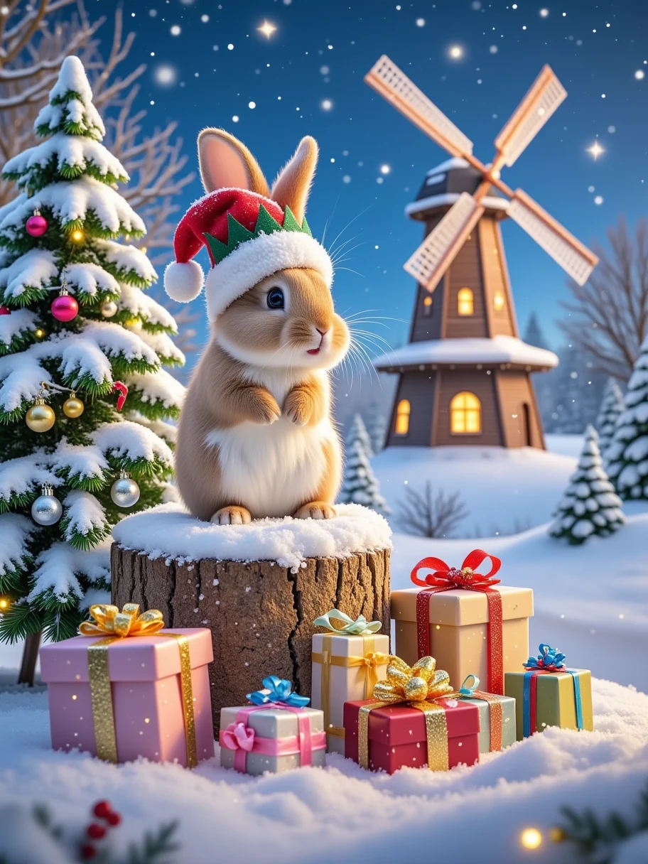 Create a delightful and jolly scene centered around an adorable rabbit during Christmas time. The rabbit should be wearing a miniature elf hat and have its soft fur dusted with a light sprinkling of snow, as it gracefully sits on a stump covered in snow. The stump should be surrounded by a collection of beautifully wrapped Christmas presents in various colors and sizes. Nearby, a snow-covered holly bush is decorated with shiny red berries and twinkling silver tinsel. In the background, a peaceful winter landscape with snowflakes gently falling, and in the distance, a charming little windmill with a warm glow coming from its windows, all under a starlit Christmas Eve sky