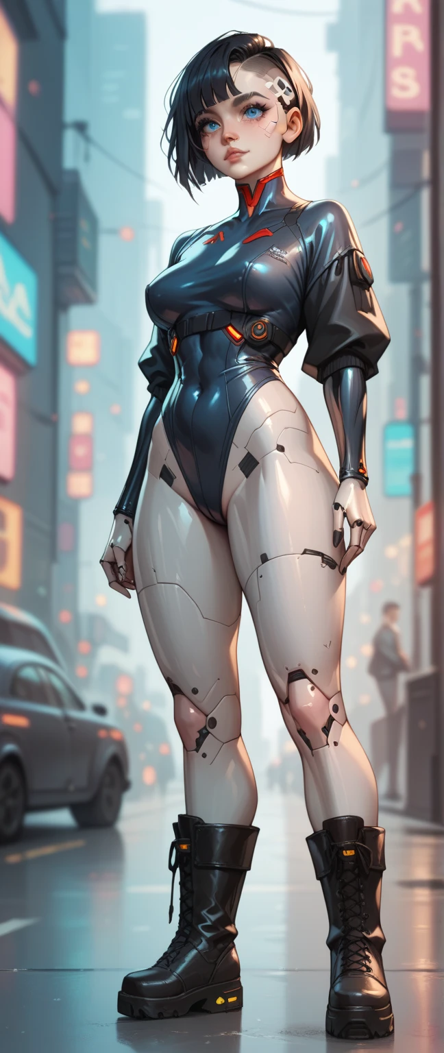 1robot girl,black hair,blue eyes,short hair,bereaved countenance,fron,fullbody shot, long leg,black boots,metal body, big hip,standing,cyberpunk