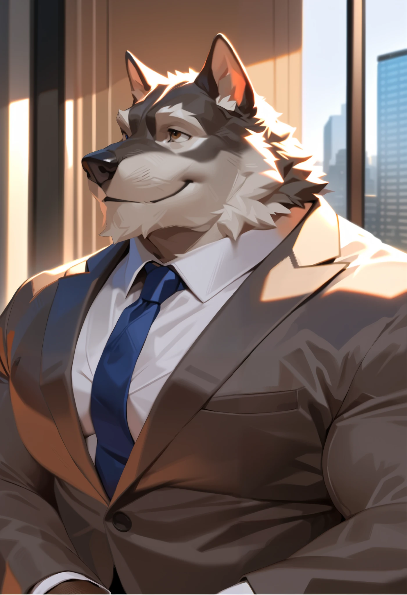 solo, 1boy, Muscular Old man, furry wolf, wearing suits, luxury, office, wide shoulder, pectoral, thick arms, huge pectoral, wide pectoral, city background, short hair, simple background, masterpiece, semirealistic:1.2, high detailed, 8k, high resolution, happy