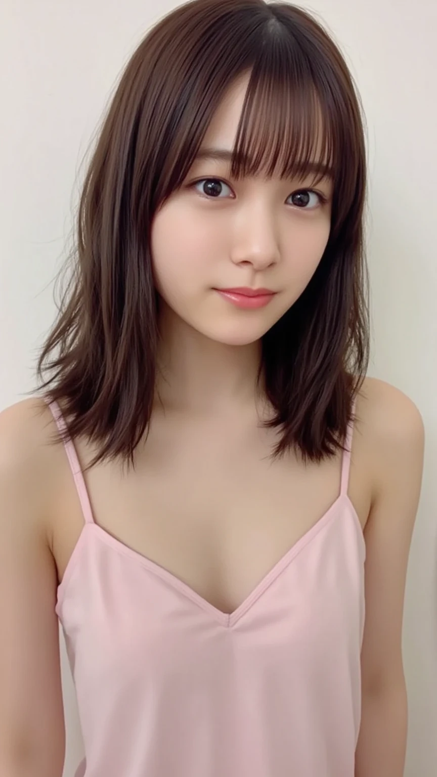 The right body as a human 、 the right body as a woman、 FRONT FULL BODY SHOT 、Please wear off-the-shoulder mini one-piece pajamas, Bend your knees and take a cross-legged pose, and sit down staring at me, Bare legs 、smile、 has a monotone background
