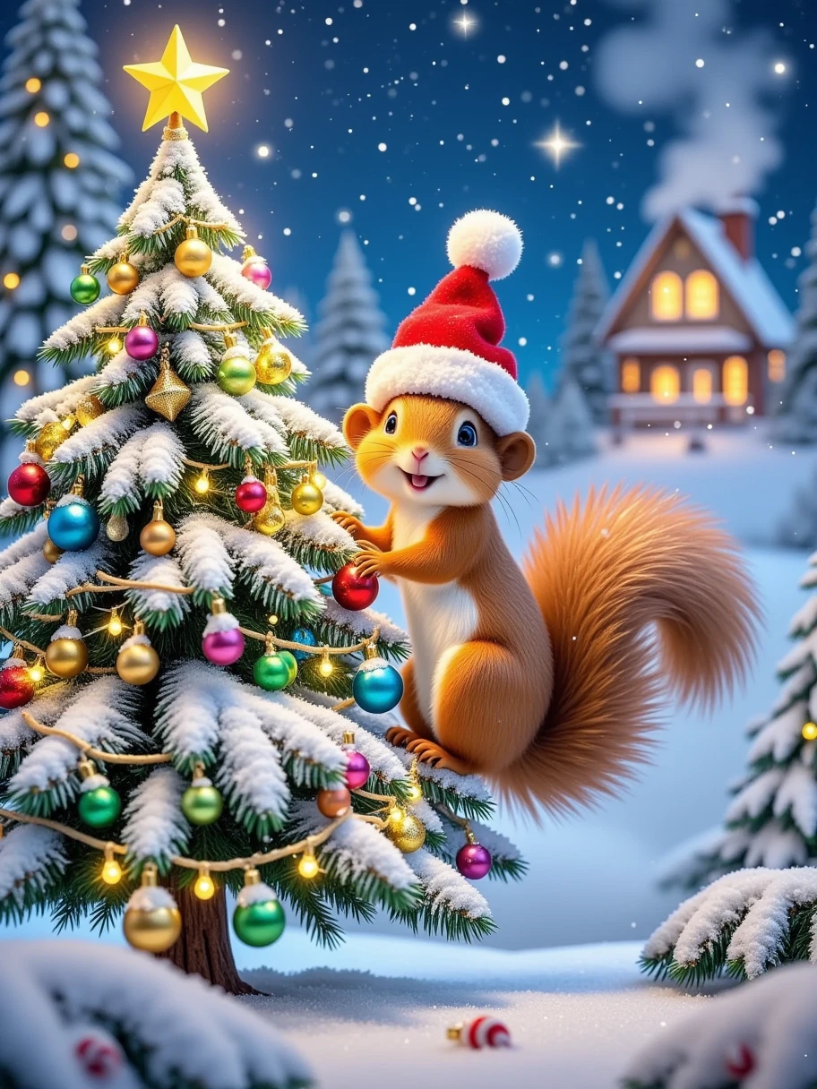 Create a detailed and festive scene showcasing a charming squirrel during Christmas time. The squirrel should be adorned with a tiny Santa Claus hat and its fluffy tail covered in a dusting of snow, as it jauntily perches on a branch of a snow-clad pine tree. The pine tree should be decorated with a splendid array of colorful baubles, twinkling fairy lights, and a golden star at the top. Surrounding the tree and squirrel, a serene snowy landscape with snowflakes softly falling, and in the distance, a small cozy cabin with smoke softly rising from its chimney, all under a starry Christmas Eve sky.