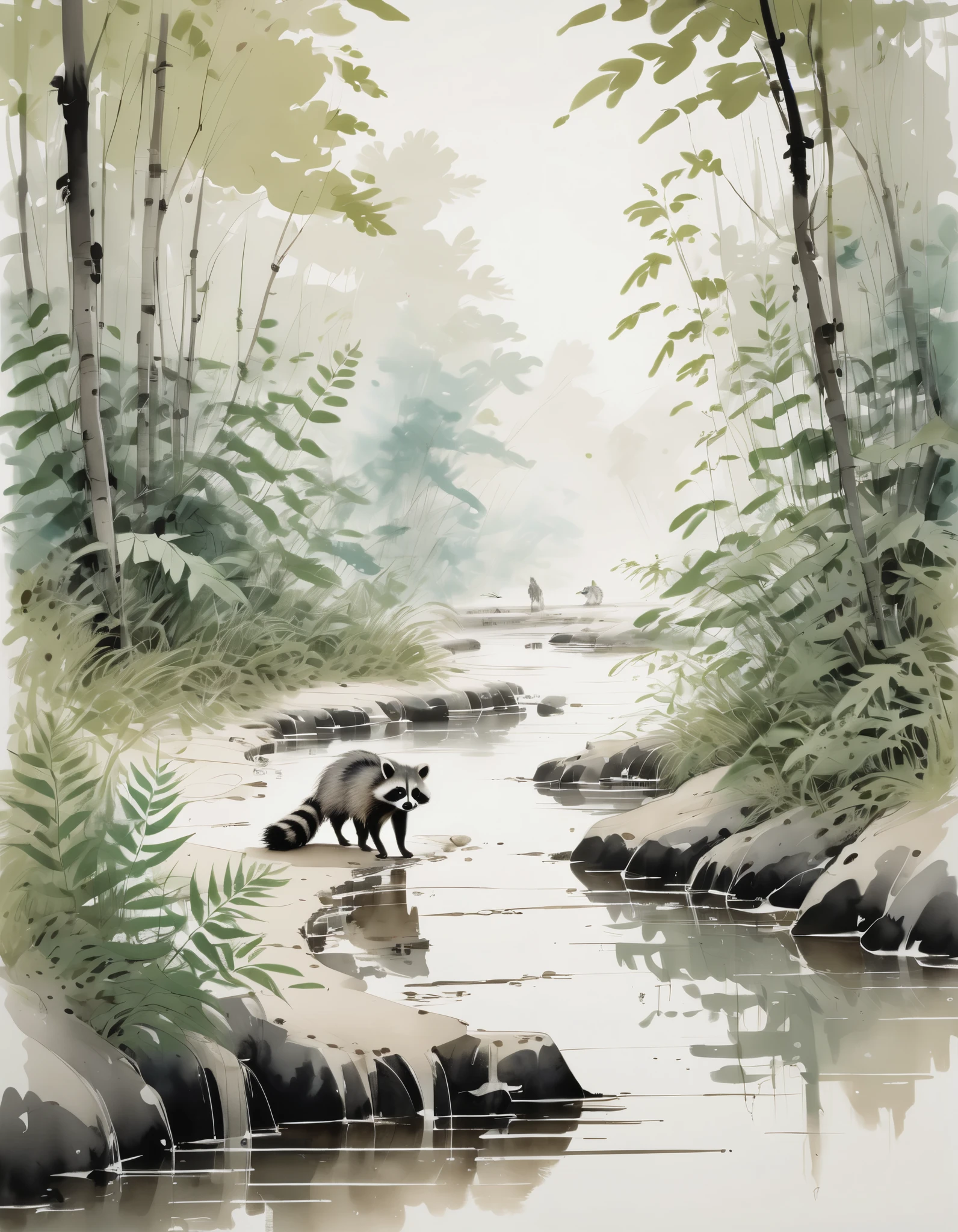 by Wu Guanzhong, ink and wash, a close up of a Racoon walking along a sandbar of a creek with lush ferns and trees surrounding it, (by Zootopia:0.6), (best quality, perfect masterpiece, Representative work, official art, Professional, high details, Ultra intricate detailed:1.3)