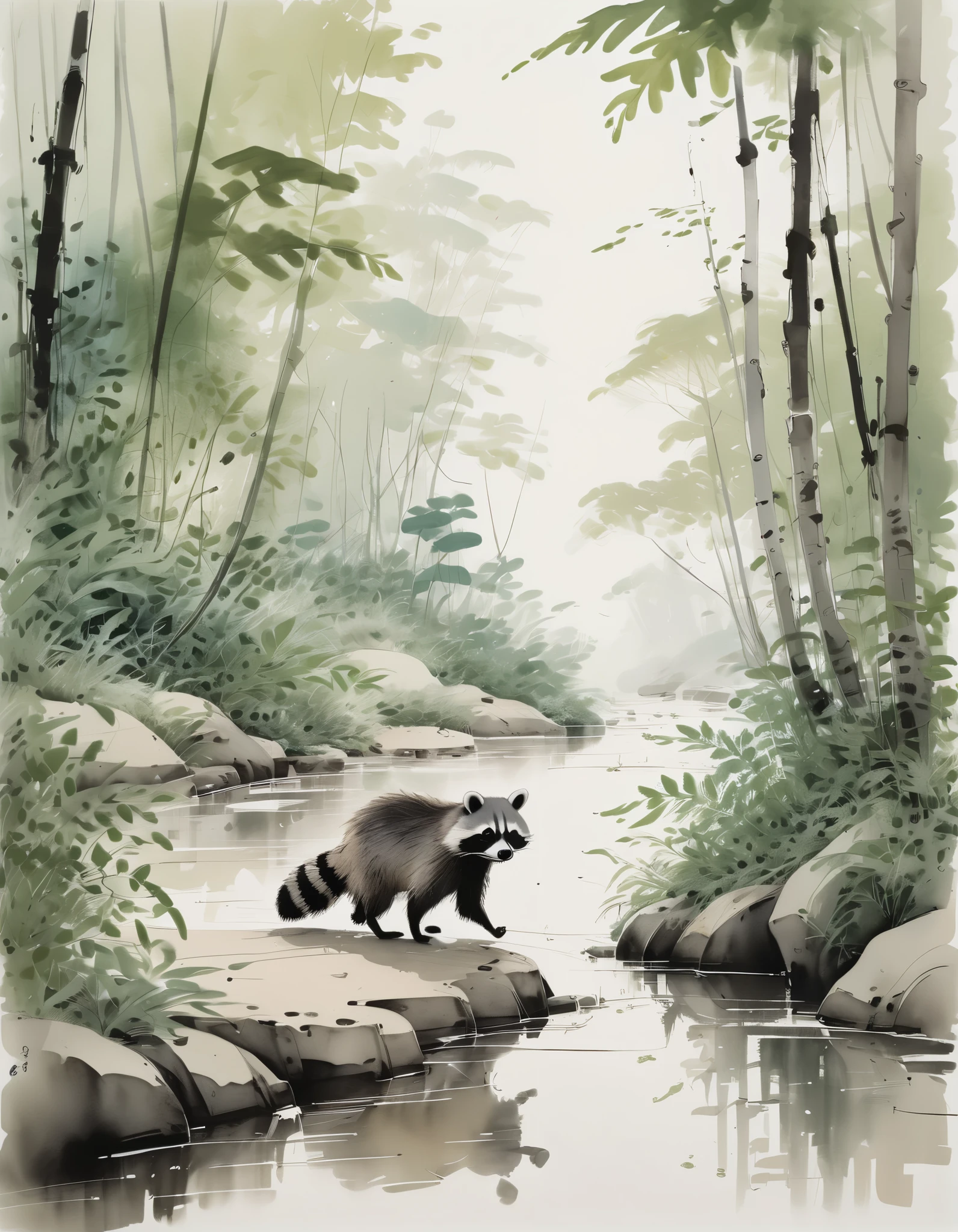 by Wu Guanzhong, ink and wash, a close up of a Racoon walking along a sandbar of a creek with lush ferns and trees surrounding it, (by Zootopia:0.6), (best quality, perfect masterpiece, Representative work, official art, Professional, high details, Ultra intricate detailed:1.3)