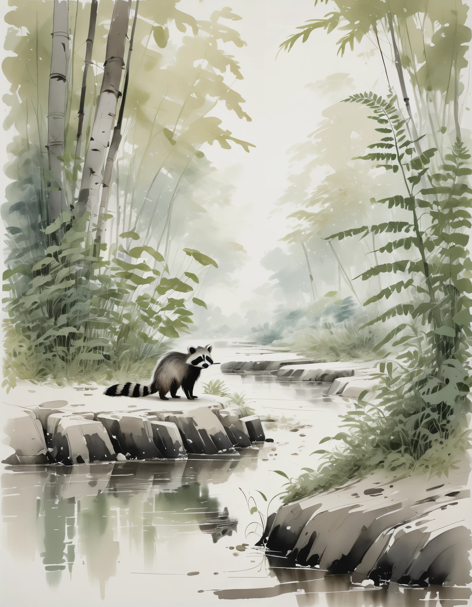 by Wu Guanzhong, ink and wash, a close up of a Racoon walking along a sandbar of a creek with lush ferns and trees surrounding it, (by Zootopia:0.6), (best quality, perfect masterpiece, Representative work, official art, Professional, high details, Ultra intricate detailed:1.3)