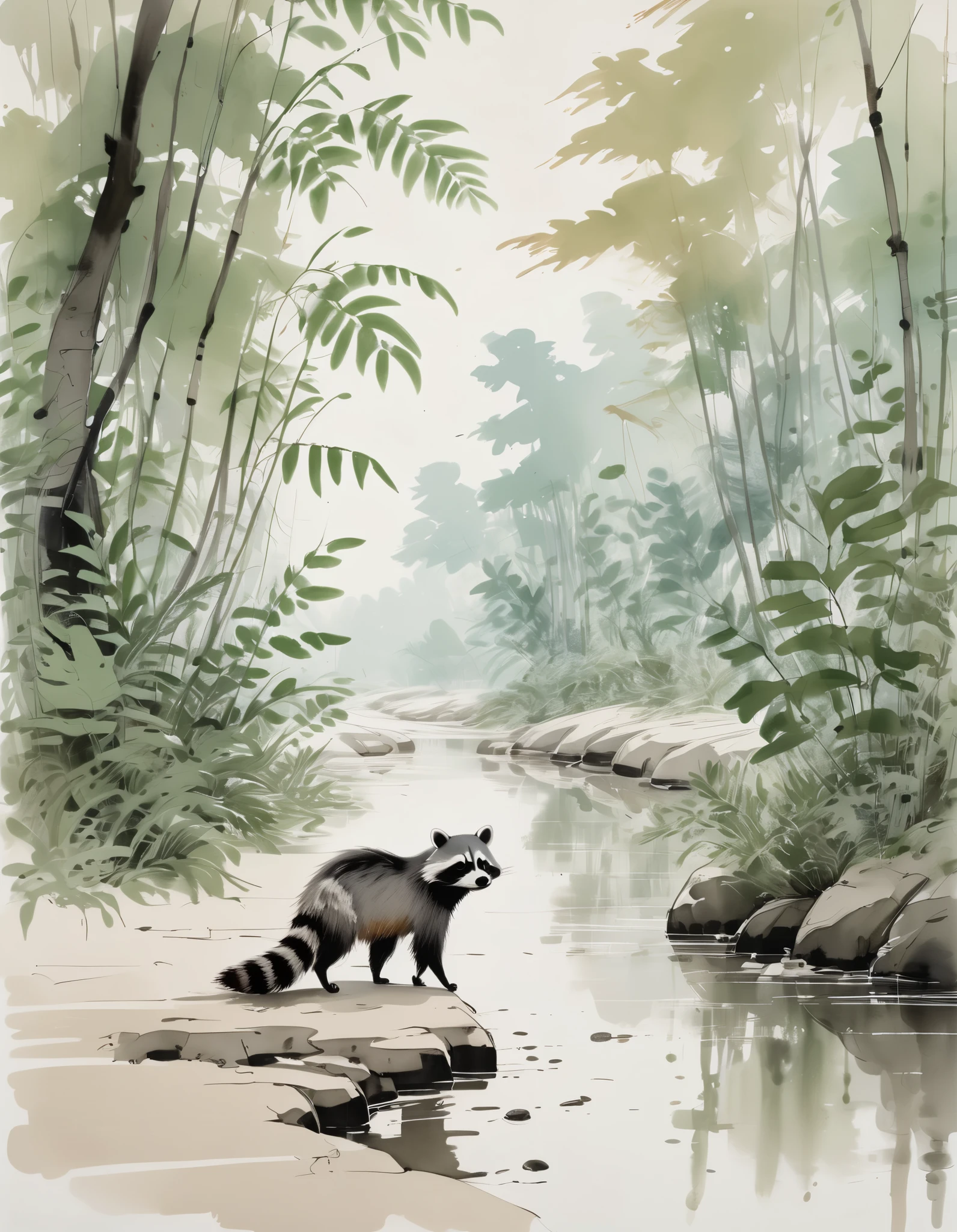 by Wu Guanzhong, ink and wash, a close up of a Racoon walking along a sandbar of a creek with lush ferns and trees surrounding it, (by Zootopia:0.6), (best quality, perfect masterpiece, Representative work, official art, Professional, high details, Ultra intricate detailed:1.3)