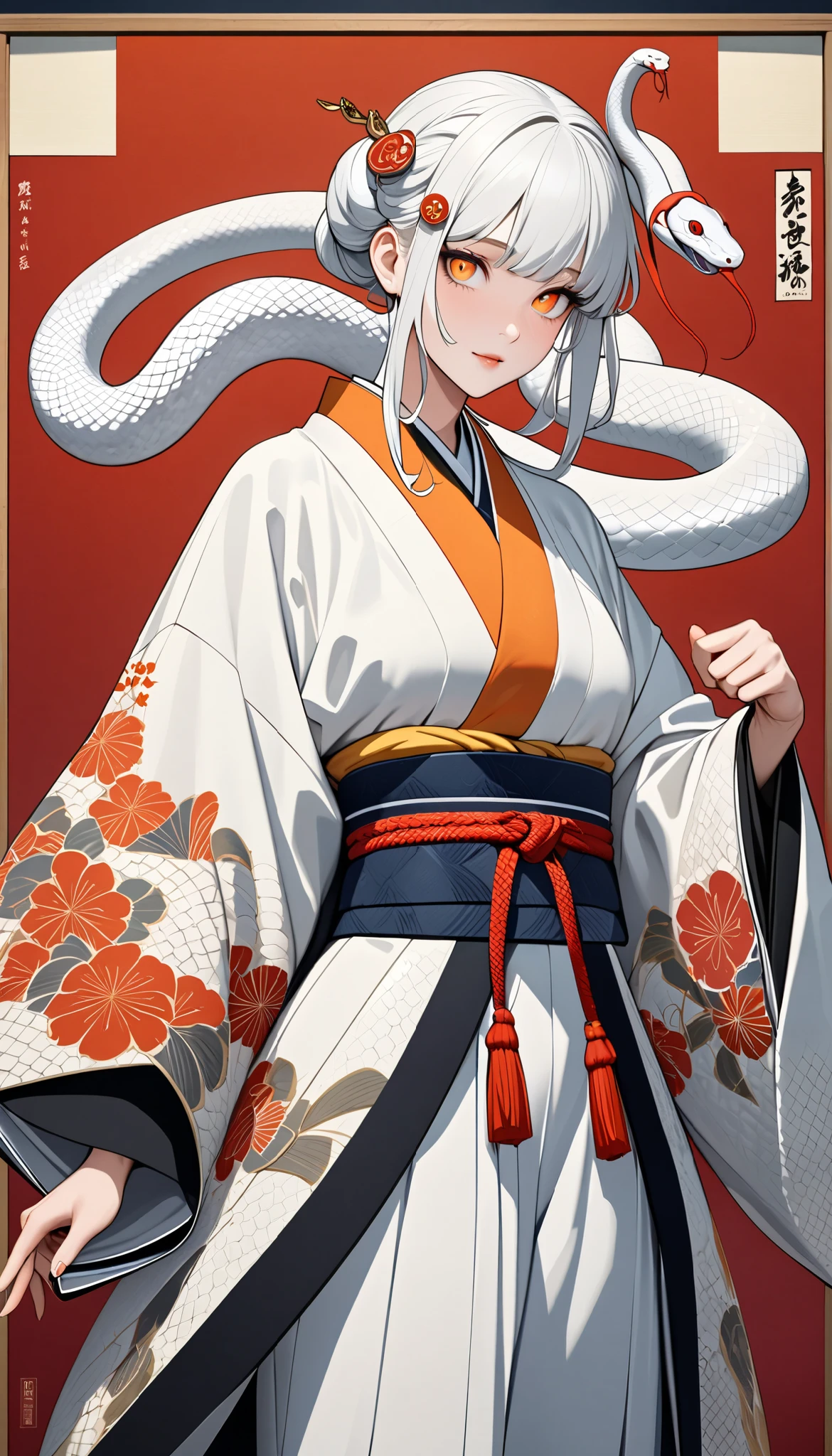 zodiac(snake)Personification of, White Snake, kimono(white), Kimono remade wide pants, Casual upper body(Bleaching、bandage), Flutter your coat and dance gracefully, very beautiful face , An innocent modern snake god who plays with a giant white snake, snake hair ornament, orange eyes, snake pupils, Ukiyo-e, depth of field, cowboy shot, UHD, retina, masterpiece, accurate, textured skin, anatomically correct, super detail, high details, high quality, highres, best quality, award winning, 16k