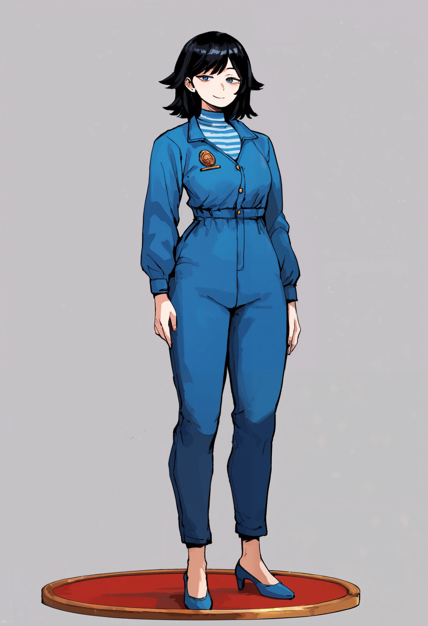Anime, concept art, Absurd resolution, high resolution, (masterpiece: 1.4), hyper-detail, octosoup, 1woman, mthwshanya, medium hair, black hair, black eyesblue, blue jumpsuit, long sleeves, striped shirt, full body: 1.5,