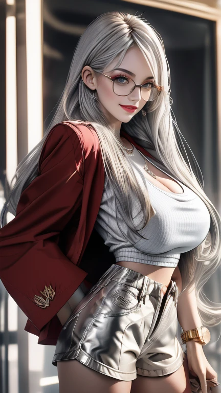  long silvery hair ,  hair is sharp like a needle , with hair partially standing on end, eyes are large and slender ,Eyes are golden,The pupils are long and thin ,  white skin like snow  ,Round Glasses, slit eyes ,Crimson Lips, scrape up the hair, shy laugh , shirt, jacket, shorts ,expensive watch , very big and splendid huge breasts,