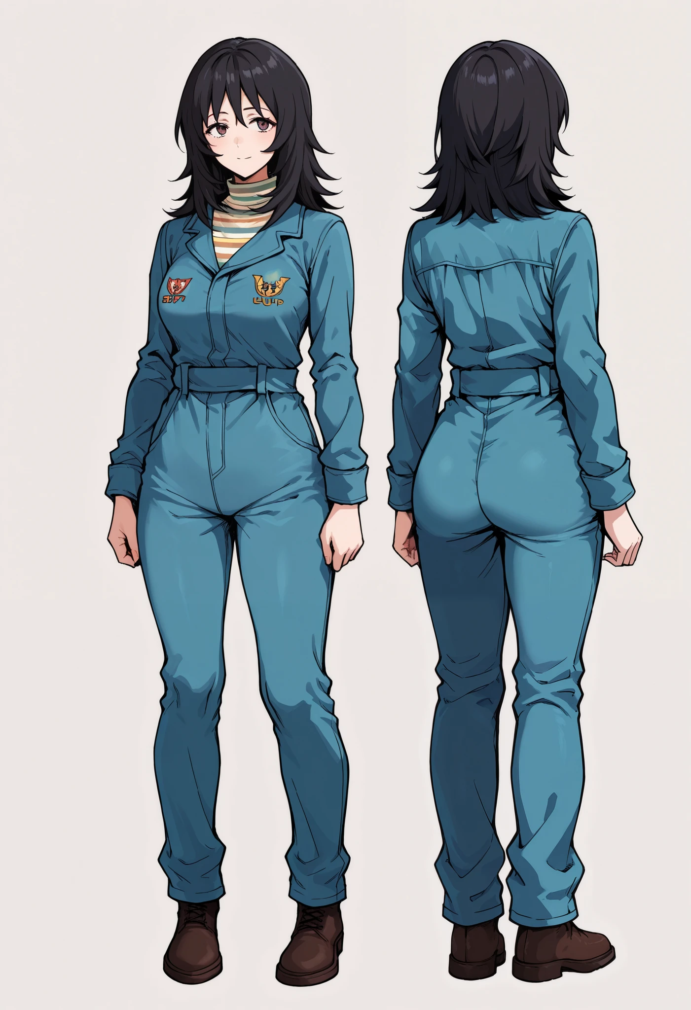 Anime, concept art, Absurd resolution, high resolution, (masterpiece: 1.4), hyper-detail, octosoup, 1woman,  mthwshanya, medium hair, black hair, black eyesblue, blue jumpsuit, long sleeves, striped shirt, full body: 1.5, 

