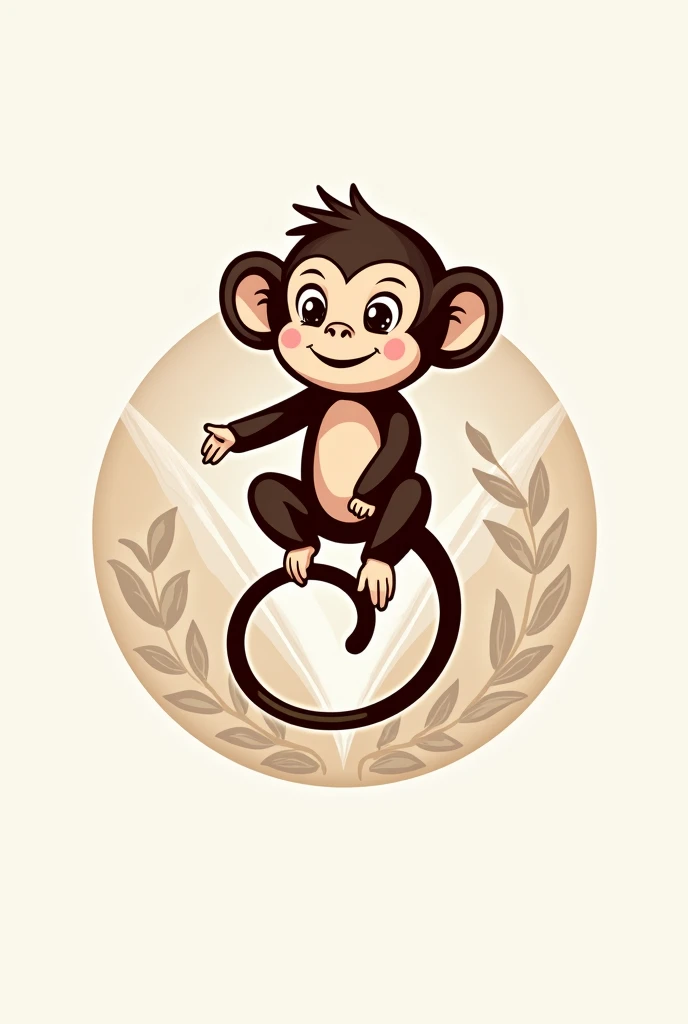 Colorful sticker design on a white background with a watercolor design with a baby chimpanzee, surrounding the chimpanzee has elements of green and small leaves,