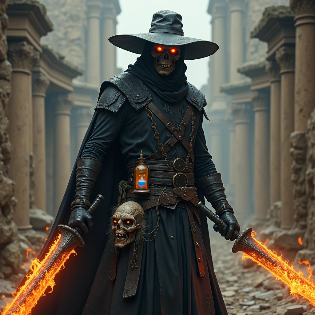 A zombie dressed as a wizard with a belt in his left hand, he is flying and he has a tsunami behind him