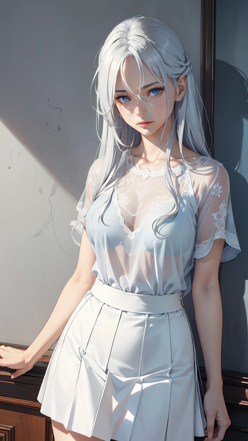（long straight blonde hair）（Silver hair blue eyes）Girl with、beautifly、thinly、Flat、tall、1人は長い髪、Ladies、（（White sheer blouse、Black miniskirt））、Underwear bite、sexypose、Lower body slender、back view、Look at the window、1つ突き出す's buttocks、On all fours、Buttocks facing this way、Provocative