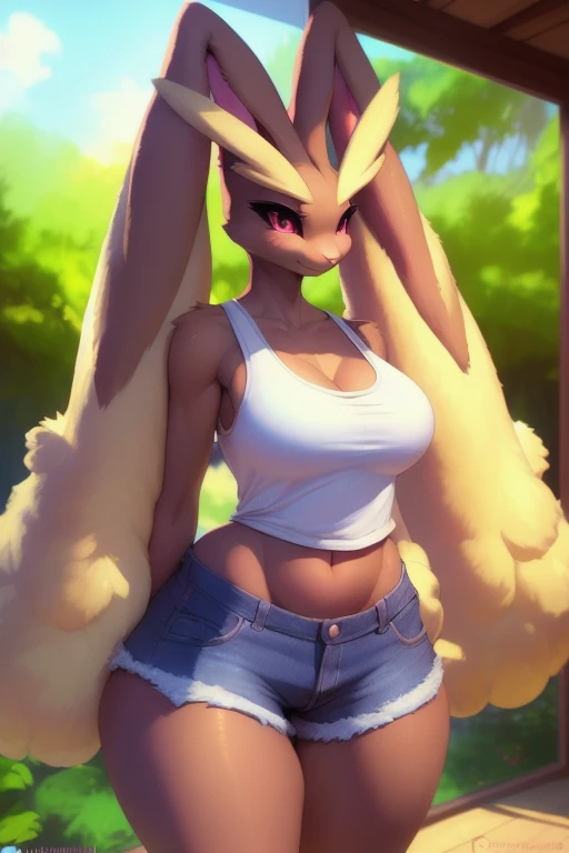 uploaded on e621, explicit content, 3d:0.7, cutesexyrobutts, hioshiru, female, solo, lopunny, short round fluffy tail, bedroom setting, (Yellow racerback tank top, Jean shorts), (large breasts, natural breasts, breast sag:0.8), thick thighs, wide hips, three-quarter portrait, closeup
